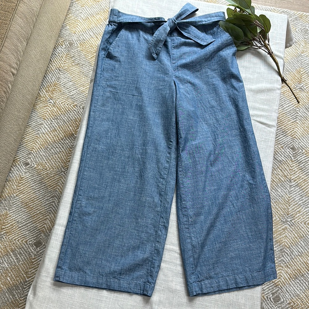 J. Crew Factory Chambray Cropped Wide-Leg Pants in Light Blue